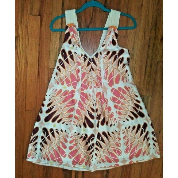 Womens Geometric print dress NELA XS/S sleeveless swing dress ivory brown pink - Picture 1 of 8